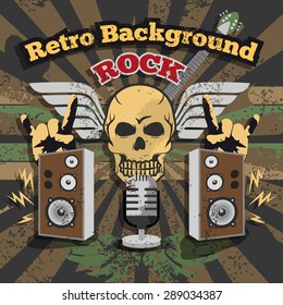 Retro rock music background with skull and loud speakers vector illustration