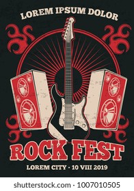 Retro rock music band vector poster with guitar. Rock music festival grunge illustration banner in red black