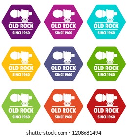 Retro rock music icons 9 set coloful isolated on white for web