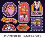 Retro rock music style party sticker or label or badge set with vintage cartoon characters and guitar and lettering for live music event isolated on black background. Vector illustration