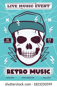 Retro Rock music vector flyer, live event poster background template with vintage skull head. Rock On background. Vector design illustration