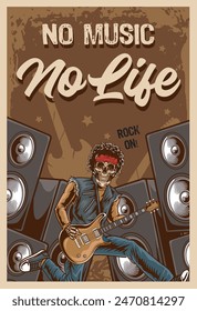 Retro Rock and roll night party festival concert poster flyer with skull play guitar and speaker in vector illustration style