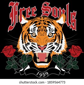 Retro rock and roll slogan print with tiger head red rose illustration - Vintage punk graphic vector pattern for tee / t shirt and sweatshirt