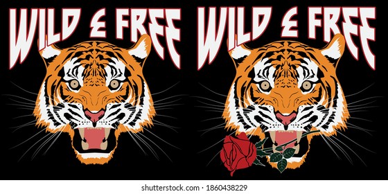 Retro rock and roll slogan print with tiger head illustration - Vintage punk graphic vector pattern for tee t shirt and sweatshirt