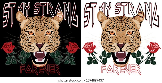 Retro rock and roll slogan print with leopard head and red roses illustration - Vintage punk graphic vector pattern for tee - t shirt