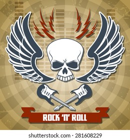 Retro rock with skull wings and crossed guitars background vector illustration 