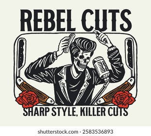 A retro rockabilly barbershop logo illustration, featuring a slicked-back greaser styling his hair with a comb, microphone, straight razors, and roses in vintage tattoo-inspired style.