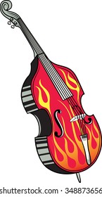 Retro Rockabilly Double Bass with Flames on white background