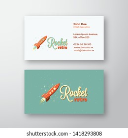 Retro Rocket Abstract Vector Sign or Logo and Business Card Template. Cartoon Spaceship in the Sky with Stars and Vintage Typography. Premium Stationary Realistic Mock Up. Isolated.
