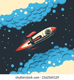 Retro rocket in comic style. Vintage rocketship flies in space among swirling clouds. Vector illustration.