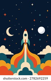 Retro Rocket Launch in Space Flat Vector Illustration