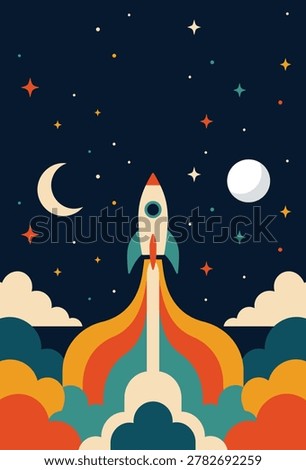 Retro Rocket Launch in Space Flat Vector Illustration