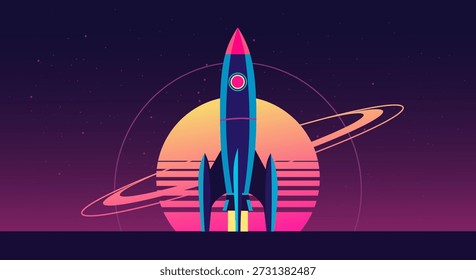 Cohete retro lanzándose al espacio con un vibrante planeta al atardecer y cielo estrellado