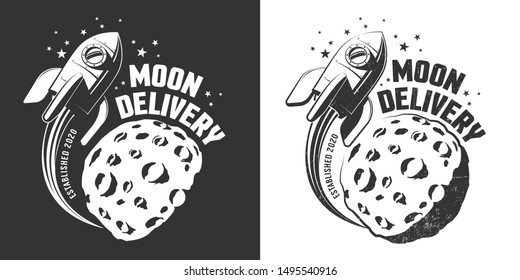 Retro rocket in orbit of the moon. Vintage print with a rocketship and planet with craters.