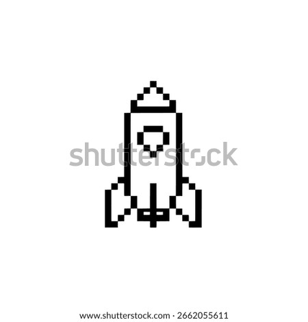 Retro rocket pixel art vector icon, a simple 8-bit silhouette of a spaceship for old school video games and computer graphics.