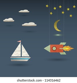 Retro rocket and sailboat. Vector paper-art