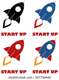 Retro Rocket Ship Icon Concept. Flat Style Vector Collection Set