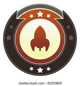 Retro rocket ship icon on round red and brown imperial vector button with star accents
