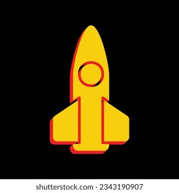 Retro Rocket sign illustration. 3D Extruded Yellow Icon with Red Sides a Black background. Illustration.