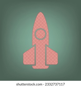 Retro Rocket sign illustration. Apricot Icon with Brick Red parquet floor graphic pattern on a Ebony background. Feldgrau. Green. Illustration.