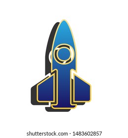 Retro Rocket sign illustration. Blue icon with gold contour with dark gray shadow at white background. Illustration.