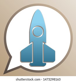 Retro Rocket sign illustration. Bright cerulean icon in white speech balloon at pale taupe background. Illustration.