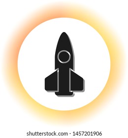 Retro Rocket sign illustration. Dark icon with shadow on the glowing circle button. Illustration.