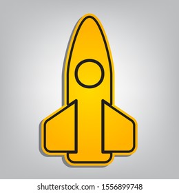Retro Rocket sign illustration. Flat orange icon with overlapping linear black icon with gray shadow at whitish background. Illustration.