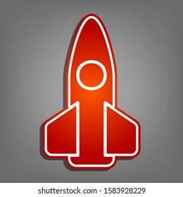 Retro Rocket sign illustration. Flat red icon with linear white icon with gray shadow at grayish background. Illustration.