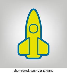 Retro Rocket sign illustration. Icon in colors of Ukraine flag (yellow, blue) at gray Background. Illustration.