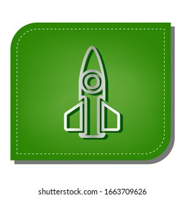 Retro Rocket sign illustration. Silver gradient line icon with dark green shadow at ecological patched green leaf. Illustration.