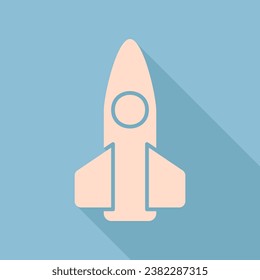 Retro Rocket sign illustration. Unbleached silk Icon with very long shadow at dark sky blue background. Illustration.