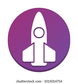 Retro Rocket sign illustration. Vector. White icon with flat shadow on purpureus circle at white background. Isolated.