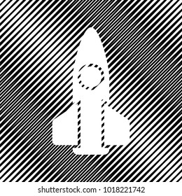 Retro Rocket sign illustration. Vector. Icon. Hole in moire background.