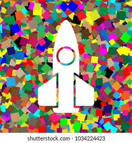 Retro Rocket sign illustration. Vector. White icon on colorful background with seamless pattern from squares.