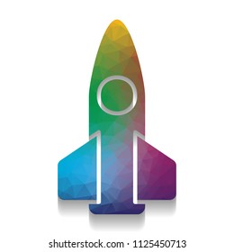 Retro Rocket sign illustration. Vector. Colorful icon with bright texture of mosaic with soft shadow on white background. Isolated.