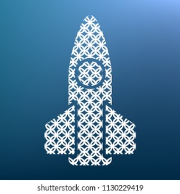 Retro Rocket sign illustration. Vector. White textured icon at lapis lazuli gradient background.