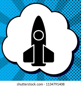 Retro Rocket sign illustration. Vector. Black icon in bubble on blue pop-art background with rays.