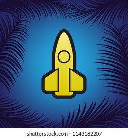 Retro Rocket sign illustration. Vector. Golden icon with black contour at blue background with branches of palm trees.