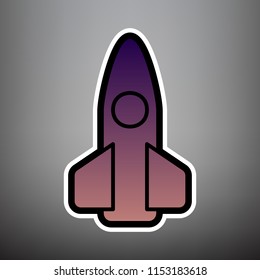 Retro Rocket sign illustration. Vector. Violet gradient icon with black and white linear edges at gray background.