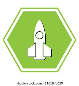 Retro Rocket sign illustration. Vector. White icon with black shadow at yellow green honeycomb on white background.