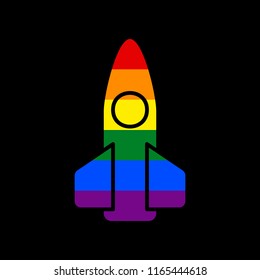 Retro Rocket sign illustration. Vector. Icon with colors of LGBT flag at black background.