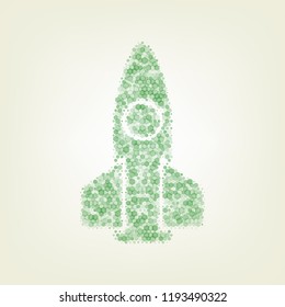 Retro Rocket sign illustration. Vector. Green hexagon rastered icon and noised opacity and size at light green background with central light.