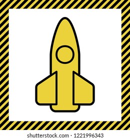 Retro Rocket sign illustration. Vector. Warm yellow icon with black contour in frame named as under construction at white background. Isolated.