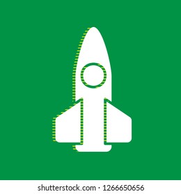 Retro Rocket sign illustration. Vector. White flat icon with yellow striped shadow at green background.