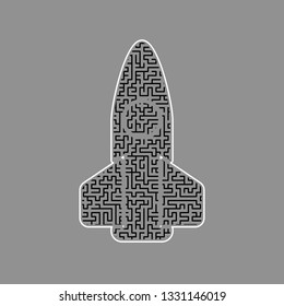 Retro Rocket sign illustration. Vector. Black maze filled icon with white border at gray background.