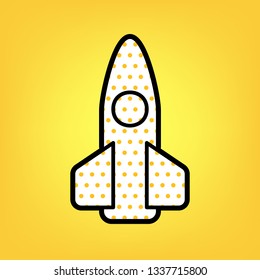 Retro Rocket sign illustration. Vector. Yellow polka dot white icon with black contour at warm yellow background. Illustration.