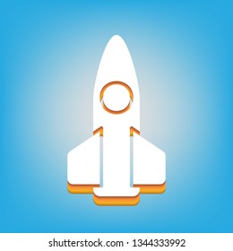 Retro Rocket sign illustration. Vector. White icon with 3d warm-colored gradient body at sky blue background.