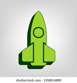 Retro Rocket sign illustration. Vector. Yellow green solid icon with dark green external body at light colored background.