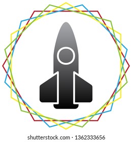 Retro Rocket sign illustration. Vector. Black icon with patch of light inside colorful hexagonal frames at white background.